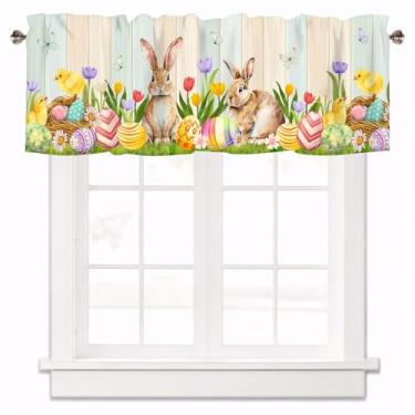 Imagem de XYTIDUKEJI Cortina de Páscoa sanefa para janelas coelhinho colorido madeira sanefa bolso para varão, tratamentos de janela, cortinas curtas para cozinha, banheiro, quarto, sala de estar, 1 painel, 106
