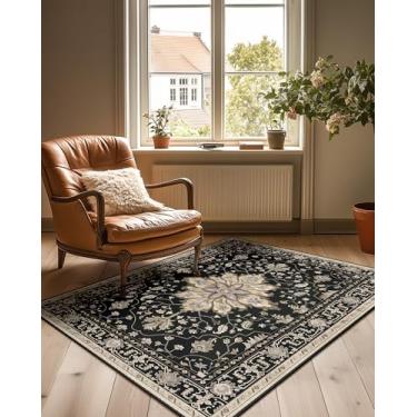 Imagem de RELEANY Tapetes de área 9,5 x 10,2 m lavável, antiderrapante, floral, vintage, estampa de angústia, tapete medalhão para sala de estar, quarto, sala de jantar, preto, marrom, neutro, caramelo escuro