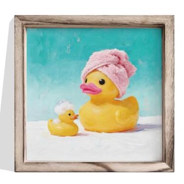 Imagem de Decoração de parede de banheiro, pintura de pato de borracha amarela com toalha, impressão de arte de pato fofo, imagem de madeira emoldurada para pendurar na área da banheira ou lavabo, detalhe