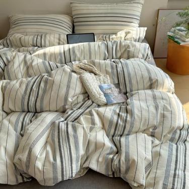 Imagem de EAVD Conjunto de edredom retrô listrado azul e cinza Queen de algodão macio, 3 peças, vintage, com 2 fronhas, boêmio, listras verticais, geométrico, para todas as estações, respirável, leve