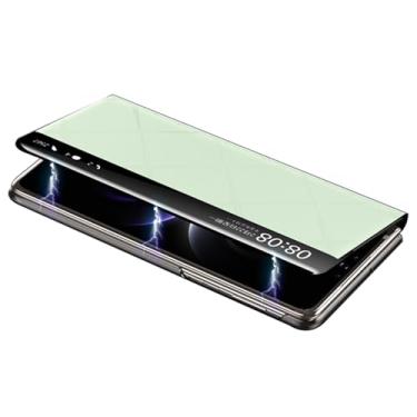 Imagem de POYUFRG Capa flip para Huawei Mate X7, capa de proteção com fecho magnético de janela de visualização inteligente de couro fino suporta capa de carregamento sem fio, verde, Mate X7