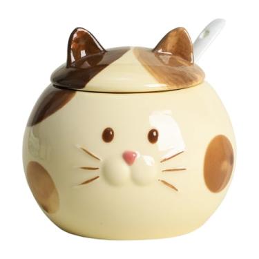 Imagem de CHOOLD Pote de condimento de cerâmica de gato fofo com tampa e colher, tigela de sal e açucareiro