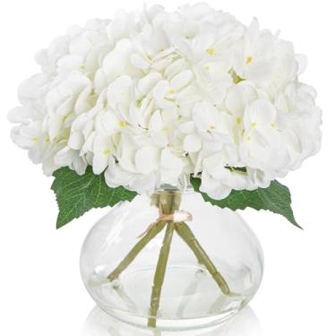 Imagem de PISARRY Flores artificiais de hortênsia, flores falsas brancas com vaso, arranjos florais de seda para mesa, prateleira, banheiro, decoração interna