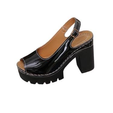 Imagem de Sandálias femininas de verão boca de peixe salto alto PU superior casual plataforma confortável caminhada, Preto, 38