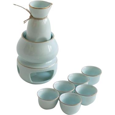 Imagem de CZCZC Conjunto de saquê e copos com aquecedor, conjunto de bebidas de saki quente de porcelana tradicional japonesa, 7 peças incluem 1 fogão, 1 tigela de aquecimento, 1 garrafa de saquê, 4 xícaras