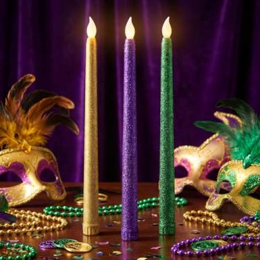 Imagem de Baquler 3 velas cônicas sem chama Mardi Gras de LED de 25,4 cm, velas operadas por bateria em dourado, roxo, verde, cintilante, operado por bateria, para mesa de jantar de carnaval, lembrancinha de