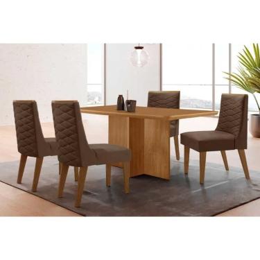 Imagem de Sala Jantar Mesa Berlim Tampo Curvo 120cm+4 Cadeiras Dafne Madeira Naturale - Capuccino/Suede Marrom - Rufato