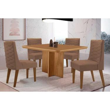 Imagem de Sala Jantar Mesa Berlim Tampo Curvo 90cm+4 Cadeiras Dafne Madeira Naturale - Capuccino/Corano Capuccino - Rufato