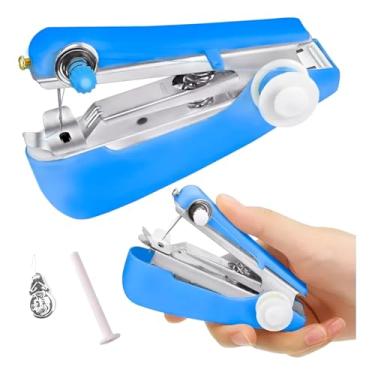Imagem de Máquina de Costura Portátil de Bolso, Manual, Plástico e Aço Inox, 7x12x2.5cm, com Passador de Agulha e Bobina (Azul)