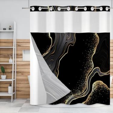 Imagem de Baocicco Cortina de chuveiro sem gancho com forro de encaixe, mármore preto e dourado, moderno, luxuoso, abstrato, moda, camadas duplas, à prova d'água, sem gancho, conjunto de cortinas de chuveiro