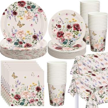 Imagem de Layhit 202 peças, artigos de decoração de festa, flores florais, guardanapos, copos, toalha de mesa de flores silvestres para primavera, outono, aniversário, casamento, festa de Ação de Graças