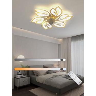 Imagem de Ventilador de teto com luminária LED moderna, silencioso e criativo, em formato de flor, com controle remoto, dimerizável e 6 velocidades, ideal para quarto e sala de estar (dourado, 65 cm).