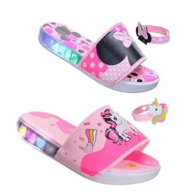Imagem de Kit 2 Pares de Chinelo Infantil Menina com Luzinha de Led Personagens + Pulseira-Feminino