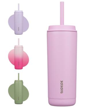 Imagem de BJPKPK Copo isolado com tampa e canudo, copo térmico de aço inoxidável de 590 ml, caneca de café de viagem à prova de derramamento, à prova de vazamento, pode ser lavada na lava-louças, mantém as