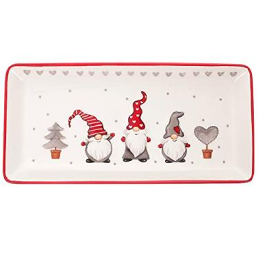 Imagem de Pratos de festa Bandejas de cerâmica para servir Natal com design de gnomo de Natal, pratos retangulares de porcelana para jantar de Natal Bandeja de sobremesa para salada, 11,6 x 5,5 polegadas (bande
