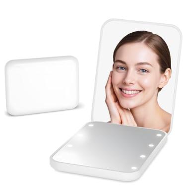 Imagem de Espelho de bolso de LED portátil, espelho de maquiagem dobrável com ampliação dupla face, compacto e leve com luz LED embutida, branco