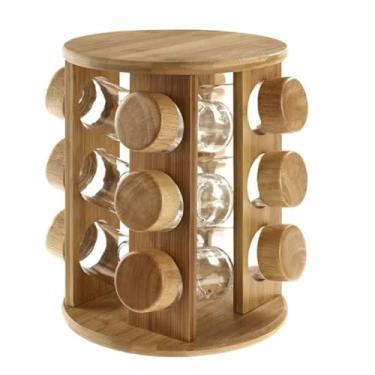 Imagem de Porta Temperos em Bambu Giratório com 12 Potes Organizadores de Condimentos para Cozinha Prática e Elegante