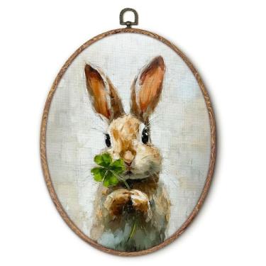 Imagem de Hxlac Arte de parede oval de trevo de coelho vintage, decoração de parede oval rústica de trevo de dia de São Patrício, estampa em tela de animais de fazenda para decoração de sala de estar, 21 x 29