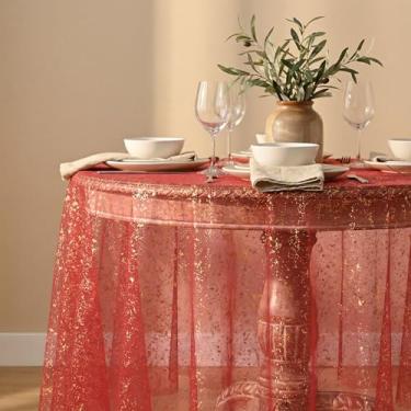 Imagem de Horaldaily Toalha de mesa de gaze dourada vermelha 152 x 152 cm, folha metálica com glitter de lantejoulas vermelhas, gaze de tule transparente para casamento, chá de bebê, cerimônia de aniversário
