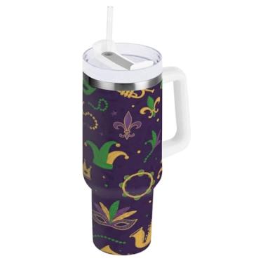 Imagem de Blueangle Copo isolado padrão Mardi Gras de 1,134 g com alça e tampa de palha, caneca de viagem reutilizável de aço inoxidável (764)