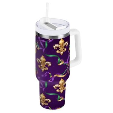 Imagem de Blueangle Copo isolado de fitas Mardi Gras de 1,134 g com alça e tampa de palha, caneca de viagem reutilizável de aço inoxidável (797)