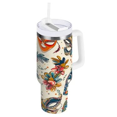 Imagem de Blueangle Copo isolado com padrão de máscaras de carnaval de 1,134 g com alça e tampa de palha, caneca de viagem reutilizável de aço inoxidável (11)