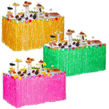 Imagem de Saia de mesa havaiana com 3 peças de saia de mesa tropical de grama luau de 2,8 m estilo ráfia decoração de festa com franjas para fantasia de aniversário ou festa de formatura com tema Tiki Hawaii Luau (cor palha, verde, rosa)