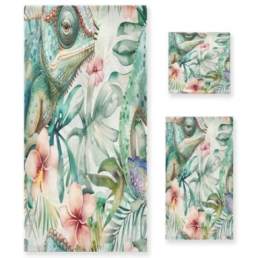 Imagem de xigua Conjunto de toalhas de banheiro padrão camaleão aquarela absorvente macio 3 peças toalha de banho toalha de mão toalhas decorativas para banheiro, academia, hotel, praia, piscina