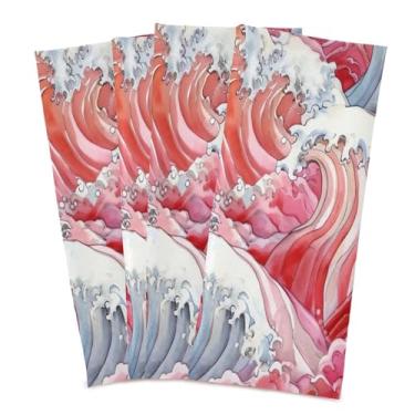 Imagem de Wassud Toalhas de cozinha ondas vermelhas toalhas de prato de cozinha pacote com 4 panos de prato macios com laço para pendurar toalha de mão super absorvente de secagem rápida toalhas de chá de mesa