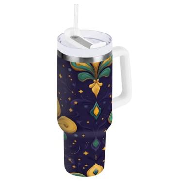 Imagem de Blueangle Copo isolado de carnaval de 850 g com alça e tampa de palha, caneca de viagem reutilizável de aço inoxidável (81)