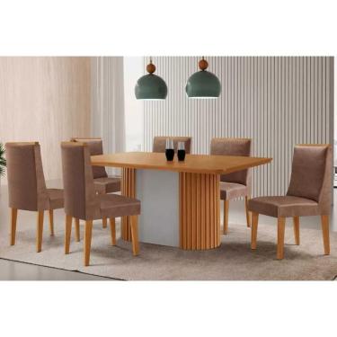 Imagem de Mesa Cozinha Pilar c/ Tampo Madeirado Canto Curvo 180x90cm e 6 Cadeiras Dakota Madeira Maciça Naturale/Off White - Capuccino/Corano Capuccino-Rufato