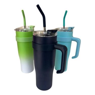 Imagem de Copo Térmico Gigante Em Inox 1200Ml Canudo Metal C Azul-Escu