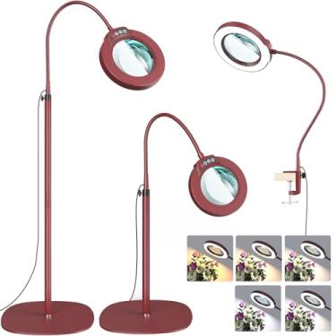 Imagem de Lupa de 10 x com luz e suporte, lente de vidro real de grau óptico, 5 modos de cor, regulável contínuo, lâmpada de piso 3 em 1 flexível pescoço de ganso de 61 cm, lupa iluminada por LED, mãos livres