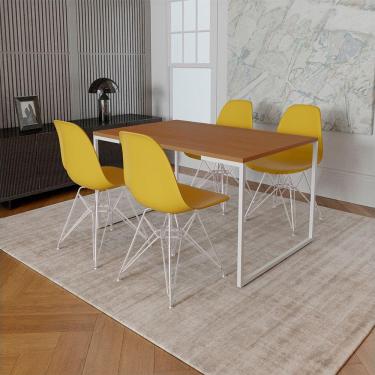 Imagem de Mesa Industrial Base Ferro Branco Tampo 137X90 Canela 4 Cadeiras Ferro Branco Assento Amarelo Marrom