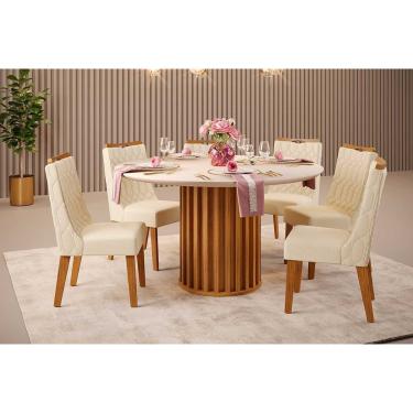 Imagem de Conjunto: Mesa Sala Jantar Viena c/ Tampo Madeirado c/ Vidro 136x136cm e 6 Cadeiras Bia...