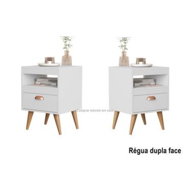 Imagem de Kit 2 Mesas Cabeceira Silmara Plus Gaveta Pés Palito Branco - Comprar 