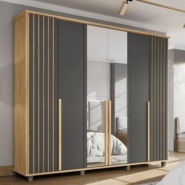 Imagem de Guarda-roupa Casal França 6 Portas com Espelho e Detalhe Ripado com 3 Gavetas Internas Cinamomo/Grafite