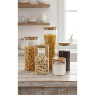 Imagem de Potes Bambu 5 Pçs Vidro Hermético Cozinha Organizad. - Congratulations
