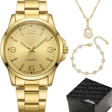 Imagem de Relogio Feminino Banhado + Colar Ponto Luz + Pulseira dourado qualidad