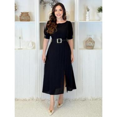 Imagem de Vestido Midi com Fenda e Cinto Moda Evangélico Festa Elegante - Fashio