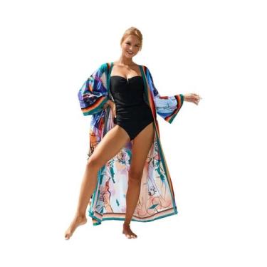Imagem de Kimono Colorido Para Mulheres, Saída De Praia, Robe Longo Para Piscina