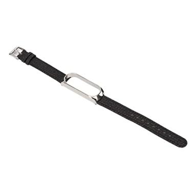 Imagem de Pulseira de couro para relógio, design contraído respirável e pulseira de couro macio moderna com fivela de metal para Mi Band 6 preta e prata