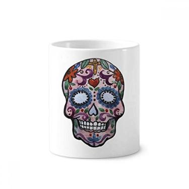 Imagem de Caveira roxa com ilustração da cultura nacional do México, suporte para caneta, copo de cerâmica com suporte para lápis