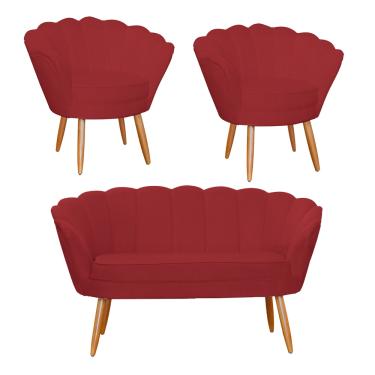 Imagem de Jogo Pétala Namoradeira e 2 Poltronas Estofada Para Recepção Suede Vermelho Bordo - LM DECOR