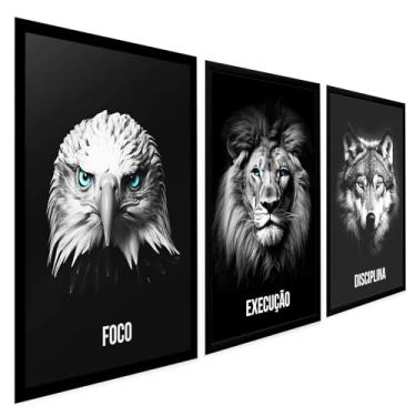 Imagem de Quadros Decorativos Grandes Foco Execução e Disciplina Animais Águia Leão e Lobo 3 Peças com Moldura