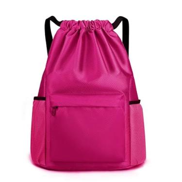 Imagem de Bolsa com cordão, mochila leve com suporte para garrafa de água e bolsos, mochila esportiva de ginástica, Vermelho rosa, Small, Esportes