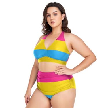 Imagem de Biquíni feminino plus size, 2 peças, cintura alta, frente única, franzido, Bandeira Omnisexual Lgbt rosa amarelo azul, GG Plus Size