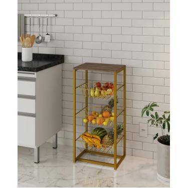 Imagem de Fruteira Grécia Tampo Madeira Mdp Amêndoa Base de Ferro Dourado