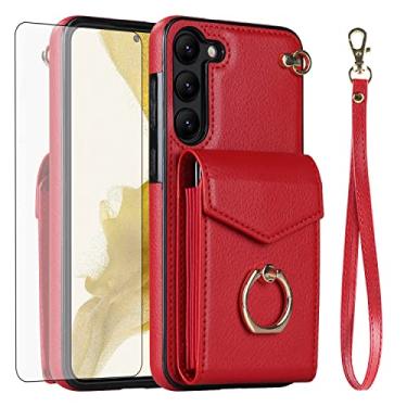 Imagem de Asuwish Capa de telefone para Samsung Galaxy S23 Plus 5G Capa carteira com protetor de tela de vidro temperado e suporte de anel suporte para cartão de crédito acessórios de couro para celular S23+5G S23plus 23S + S 23 23+ feminina vermelha