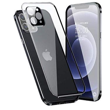 Imagem de Capa magnética para Apple iPhone 13 Pro (2021) 6,1 polegadas, capa de proteção de telefone de vidro temperado transparente HD dupla face [moldura de metal amortecedor], preta